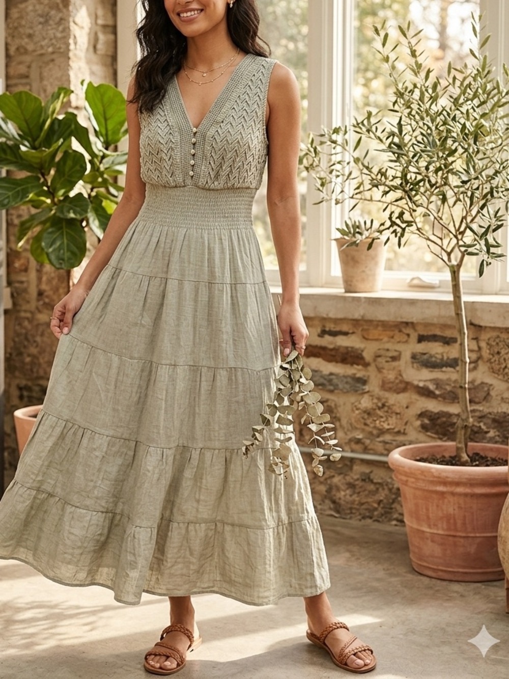 GEE Sage Olive Crochet Bodice Smocked Waist Tiered Maxi Dress ❤️